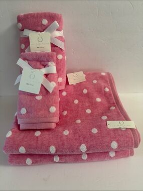 NWT Alfred Sung 6 Piece Cotton Blend Bath Towel Set Pink Raised White Polka Dots